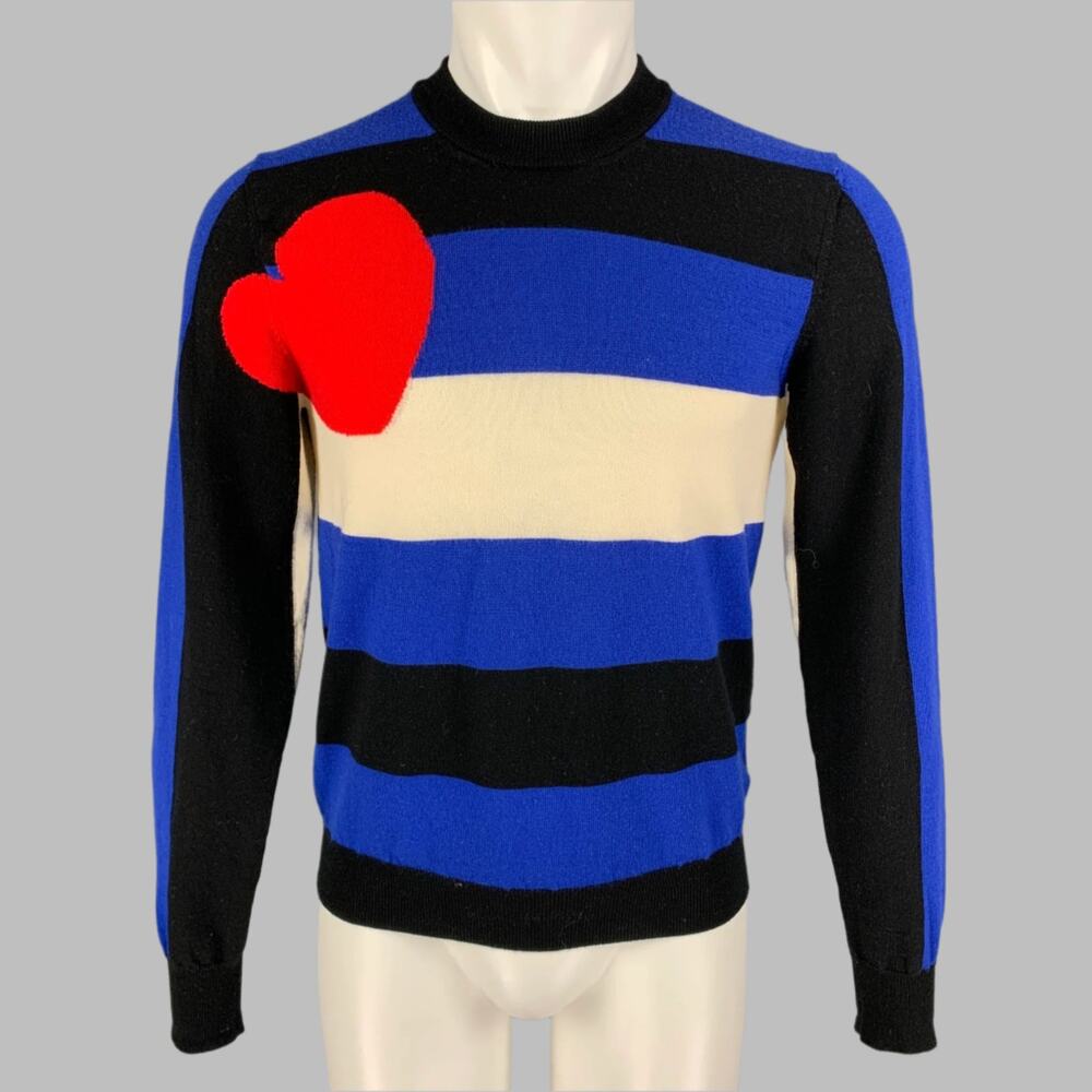VETEMENTS x COMME  Size XL Blue Black White Wool Knitted Crew-Neck Pullover